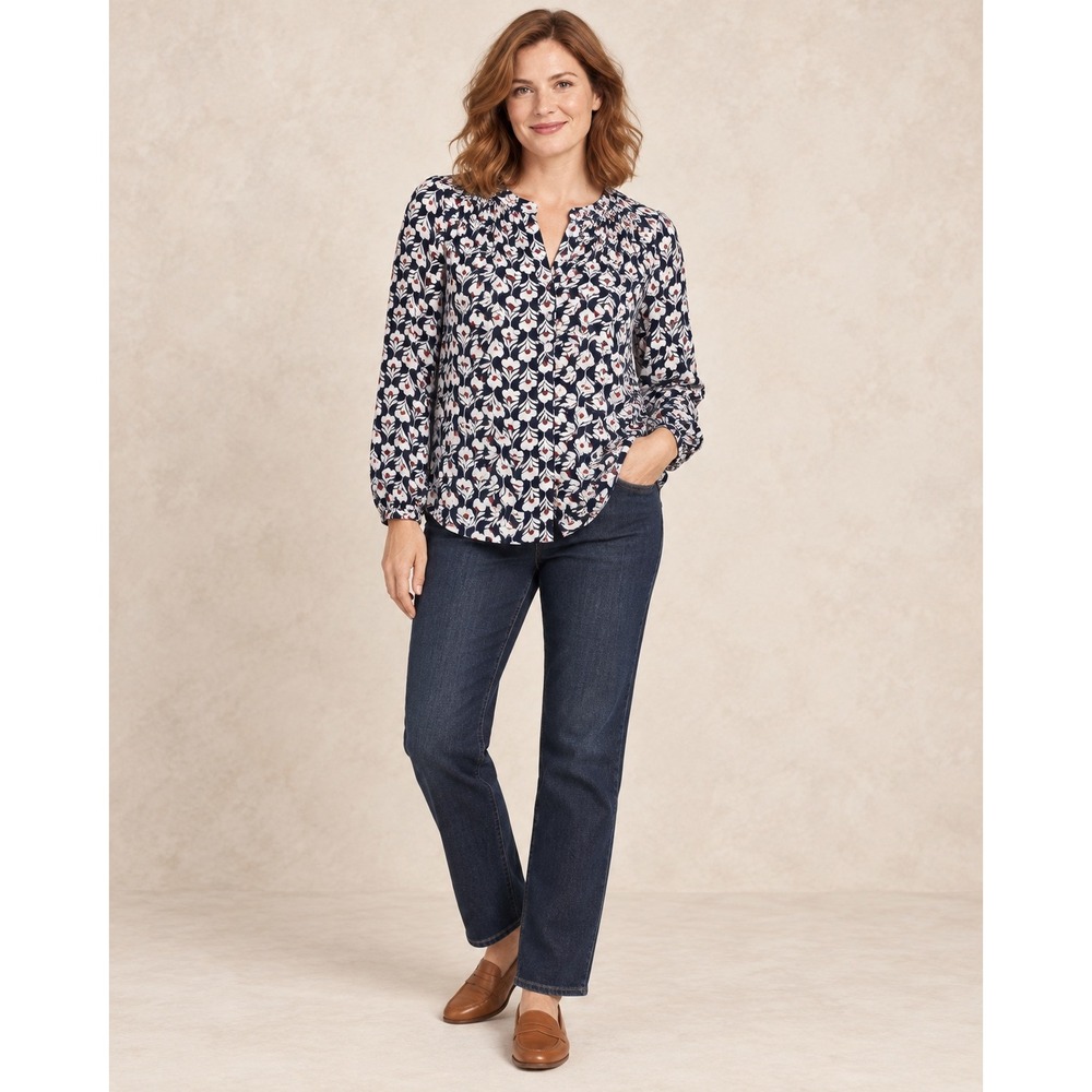 Boden Women's Size 10 Navy Floral Popover Blouse Long Sleeve